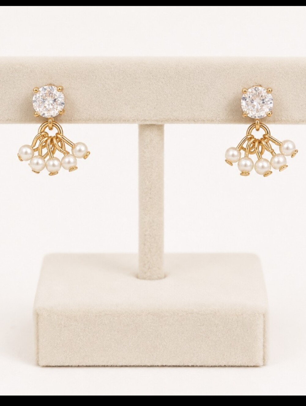 Gold Pearl Cluster Drop Earrings with Clear Stone Studs